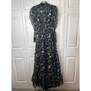 Mac Duggal Tie Back Black Floral Print Long Sleeve Maxi Dress Gown Women's 12